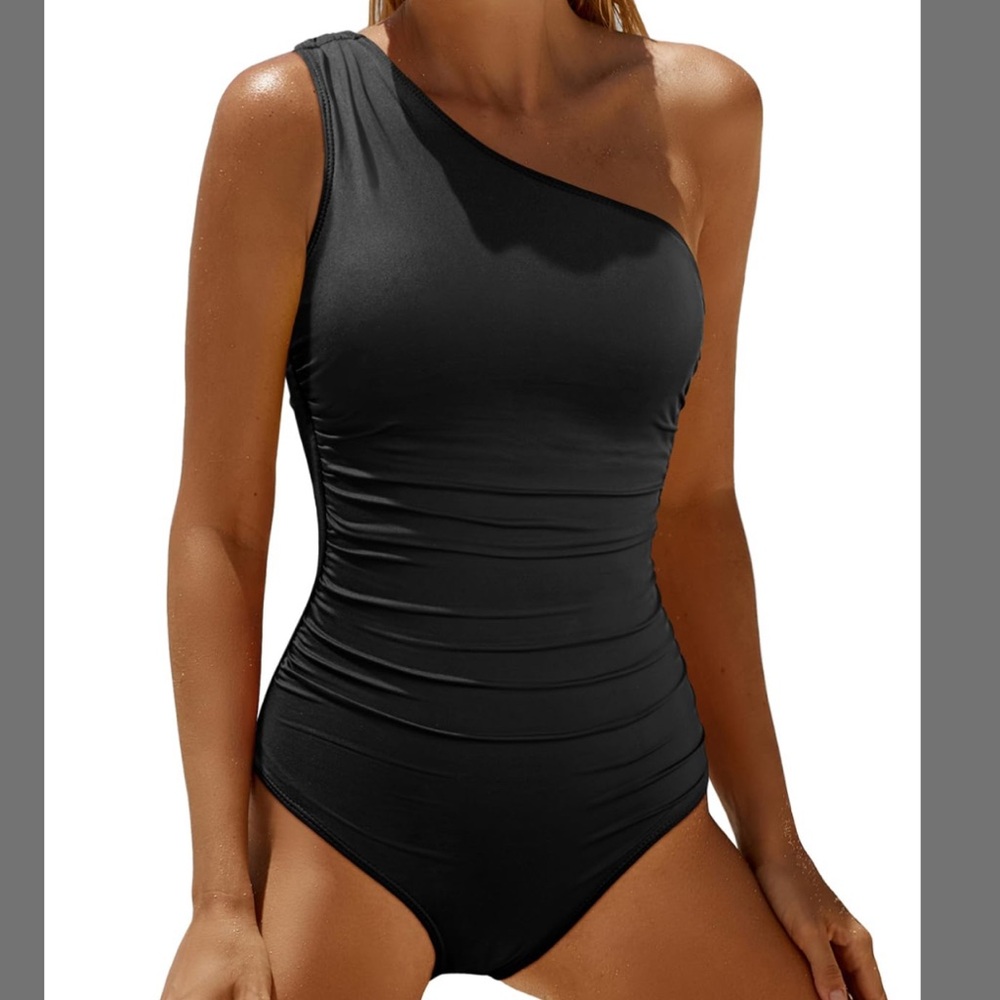 👙Daci One-Shoulder Black One-Piece Swimsuit – Slimming & Tummy Control L